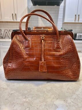 Crocodile Italian Leather Satchel Bag Cognac